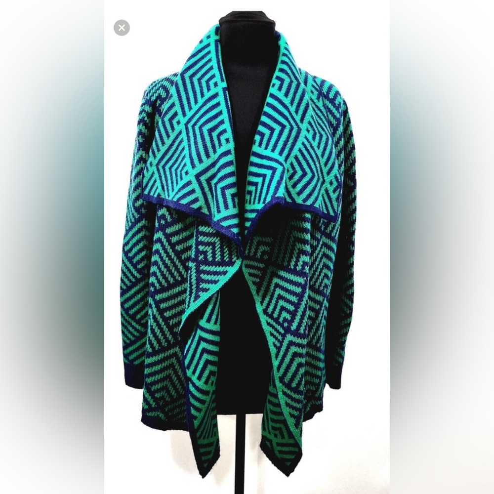 Pixley Teal and Navy Cashmere Geometric Cardigan